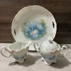 Antique Swimming Swans 3-Piece Cake Plate Creamer Covered Sugar Serving Set